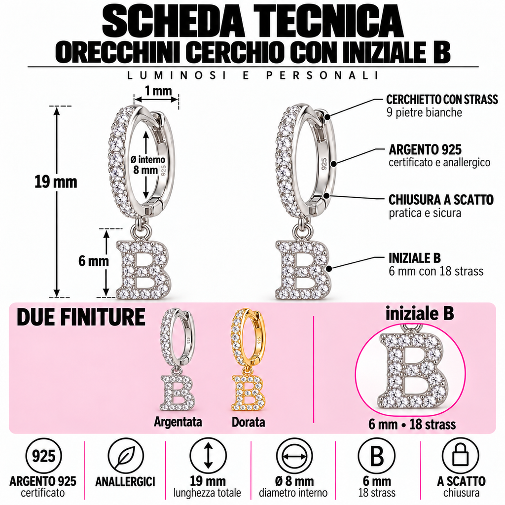 Orecchini a Cerchio con Iniziale con strass in Argento 925