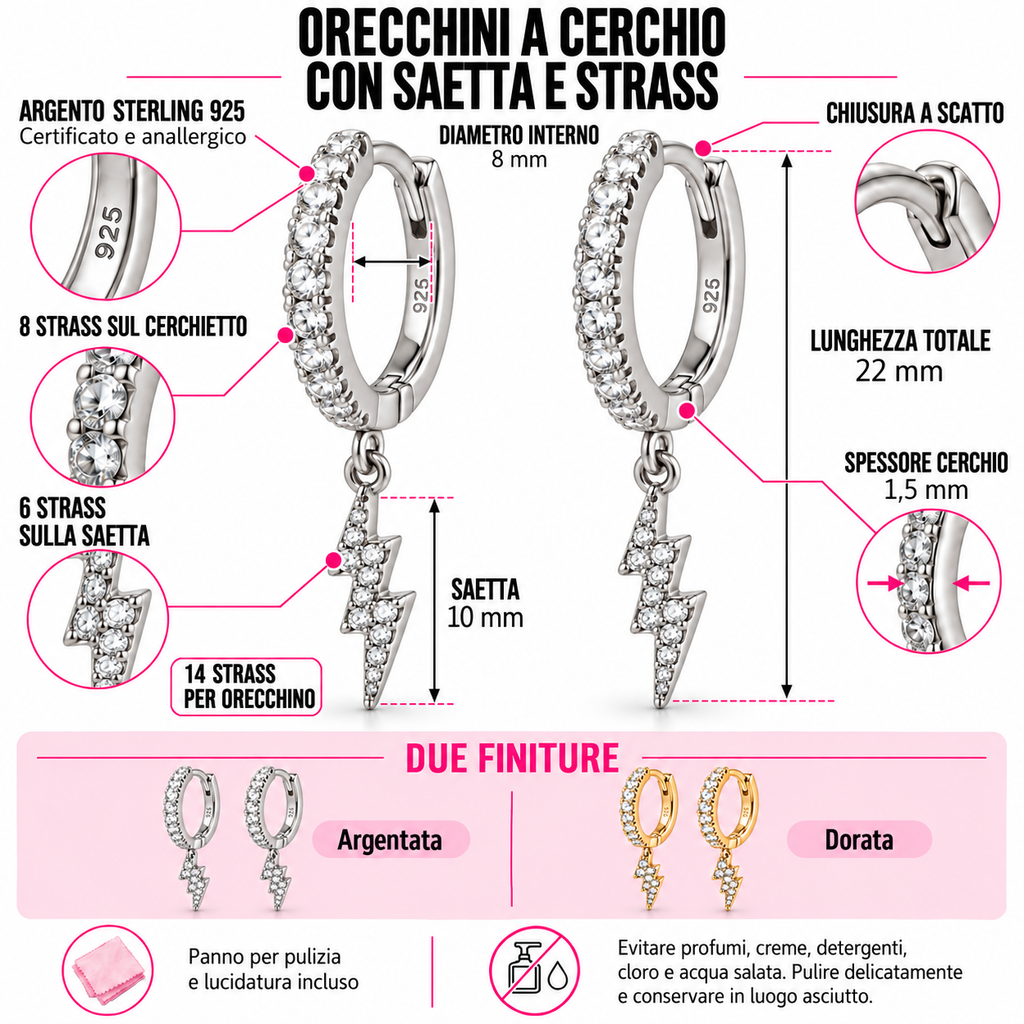 Orecchini a Cerchio strass con Saetta in Argento 925