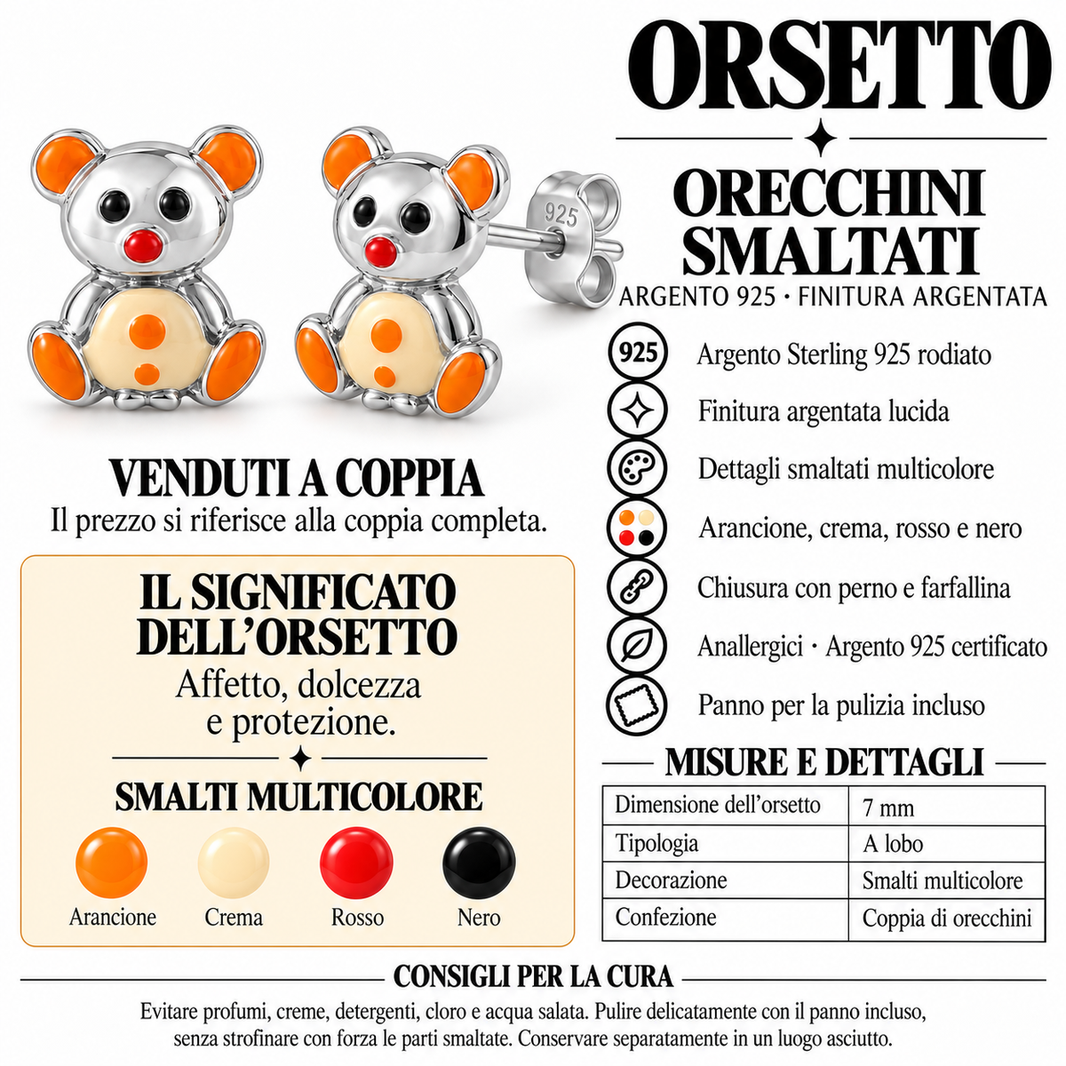 Orecchini a Lobo Orsetto Smaltato in Argento 925 Rodiato