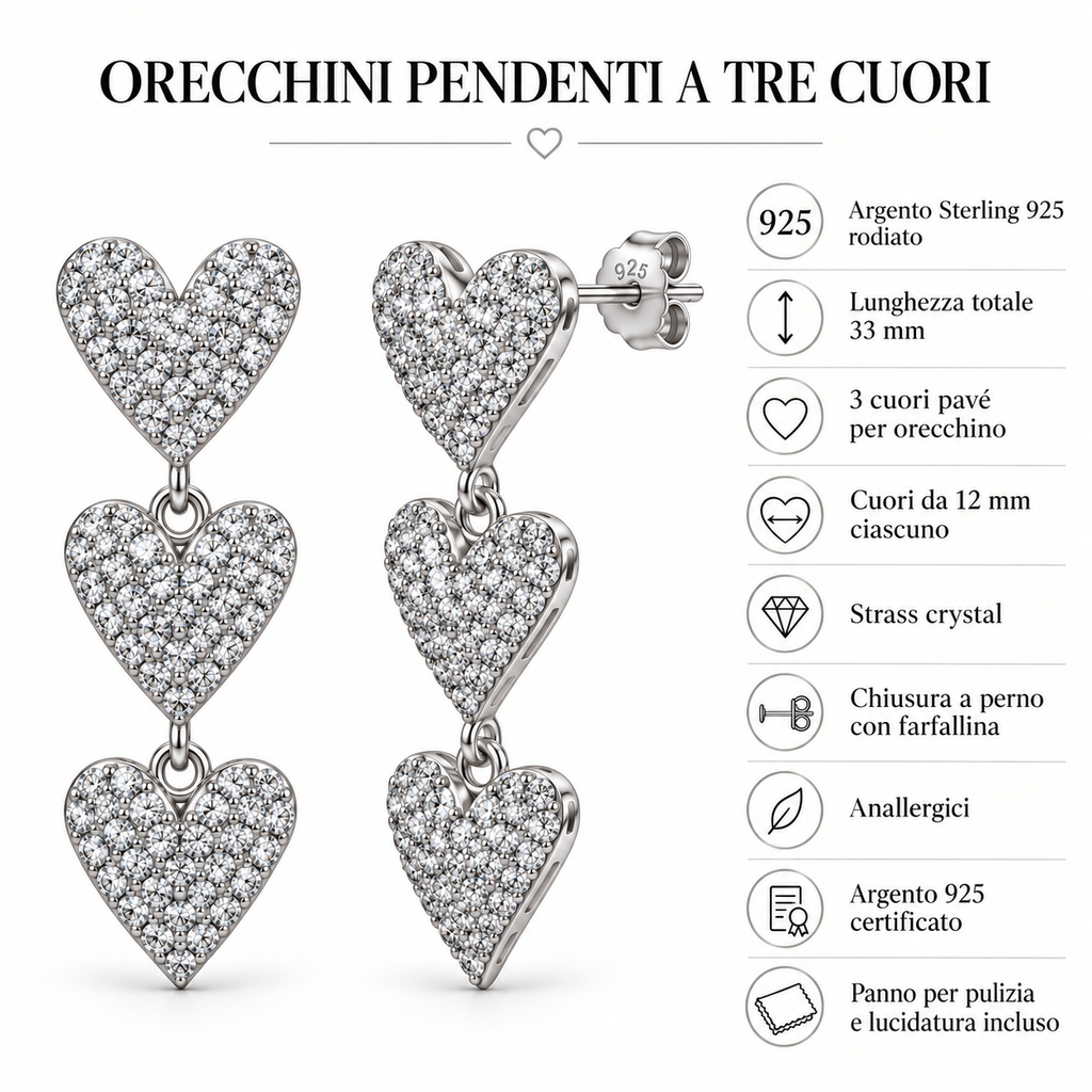 Orecchini Pendenti con Tre Cuori in Argento 925 rodiato