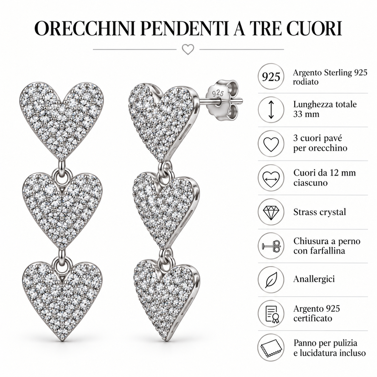 Orecchini Pendenti con Tre Cuori in Argento 925 rodiato