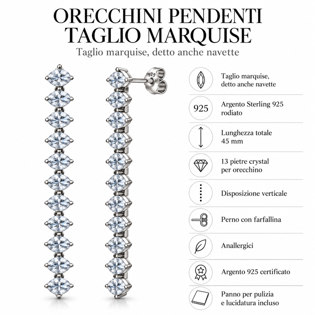 Orecchini Pendenti con Pietre Crystal Taglio Marquise in Argento 925 rodiato