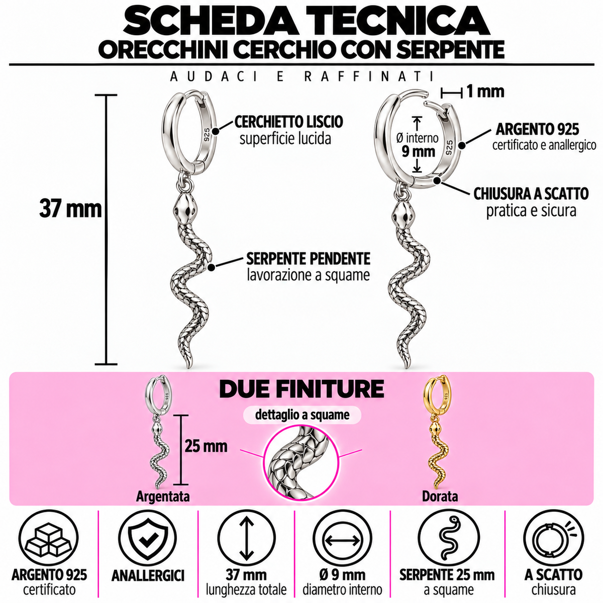 Orecchini a Cerchio con Ciondolo Serpente in Argento 925