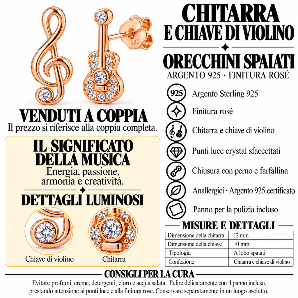 Orecchini a Lobo Chiave di Violino e Chitarra in Argento 925 Rodiato