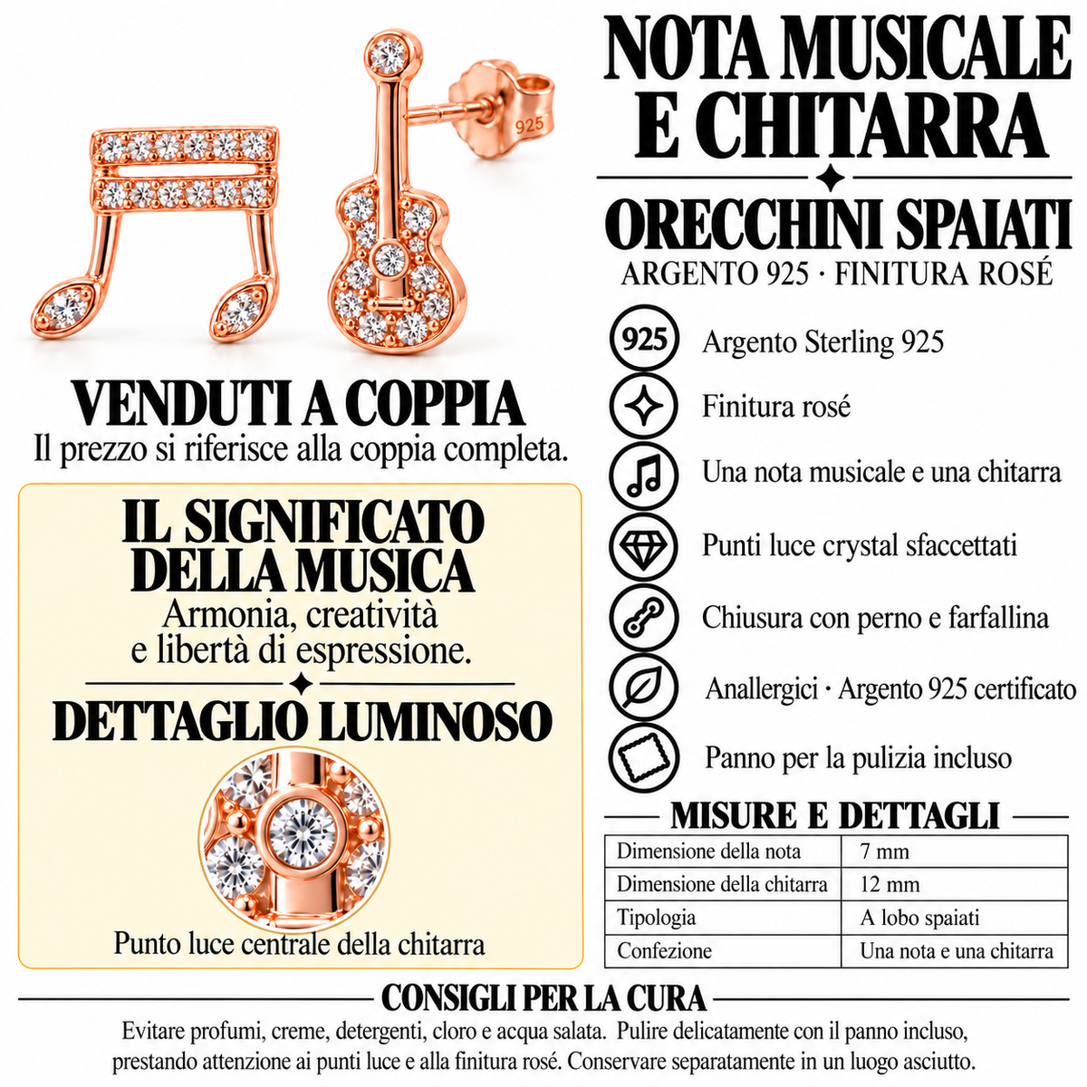 Orecchini a Lobo Nota Musicale e Chitarra in Argento 925 Rodiato