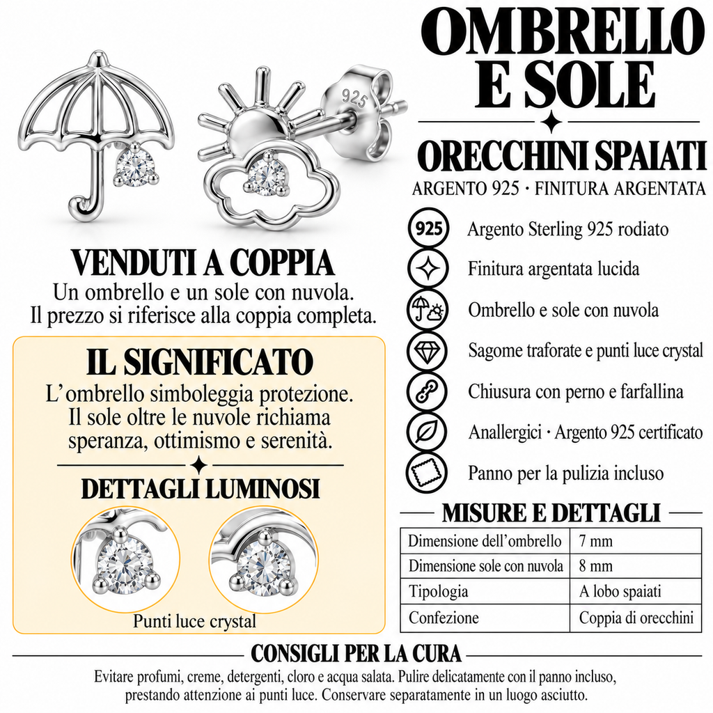 Orecchini a Lobo Ombrello e Sole con nuvola in Argento 925 Rodiato