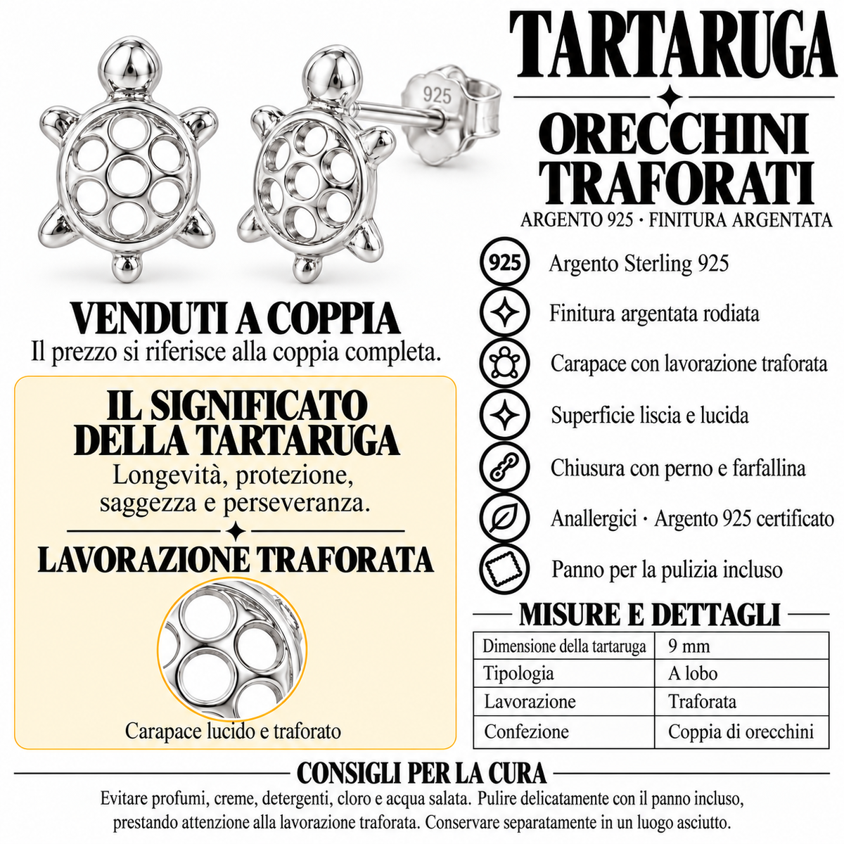 Orecchini a Lobo Tartaruga in Argento 925 Rodiato