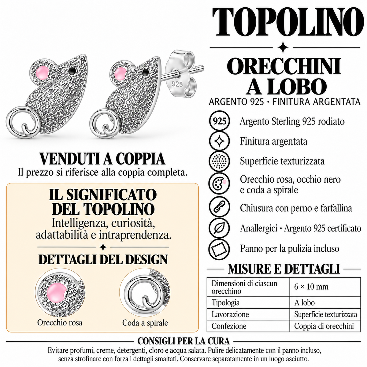 Orecchini a Lobo Topolino in Argento 925 Rodiato