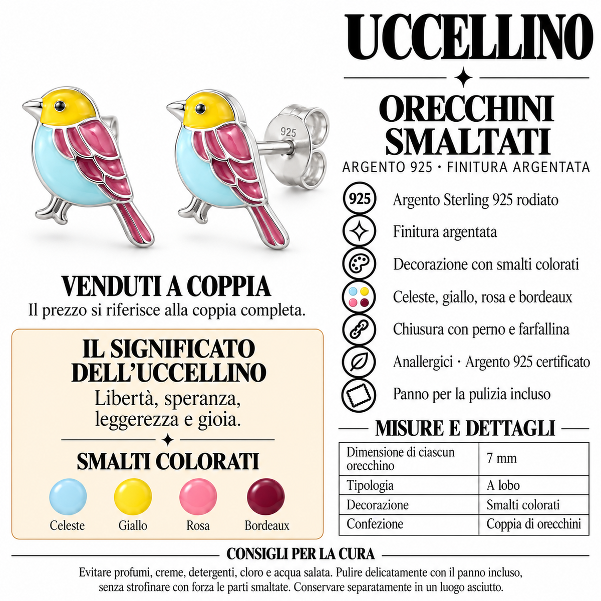 Orecchini a Lobo Uccellino smaltato in Argento 925 Rodiato