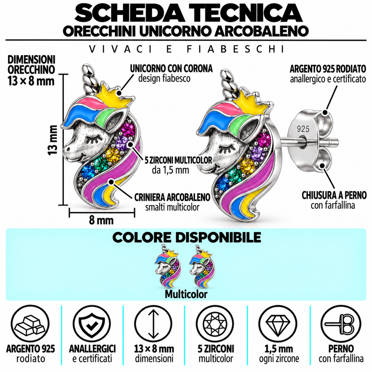 Orecchini a Lobo Unicorno Arcobaleno in Argento 925 Rodiato