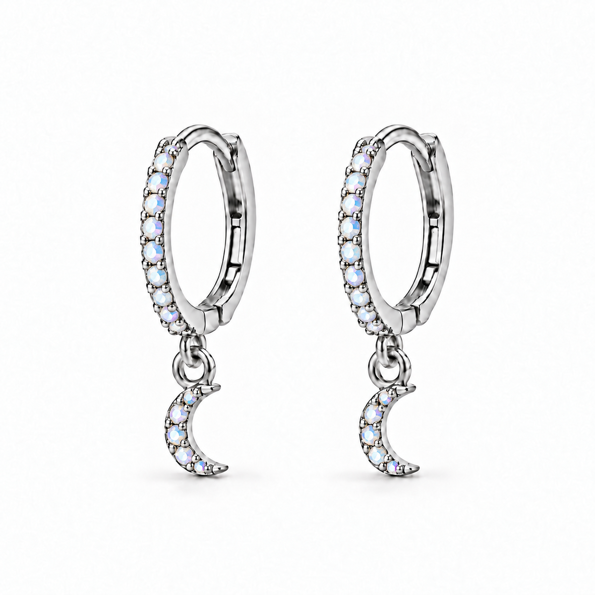Brincos de Argola com Pendente de Lua em Prata 925 e Strass