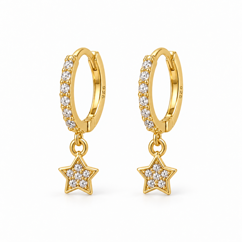 Orecchini a Cerchio con Ciondolo Stella strass in Argento 925