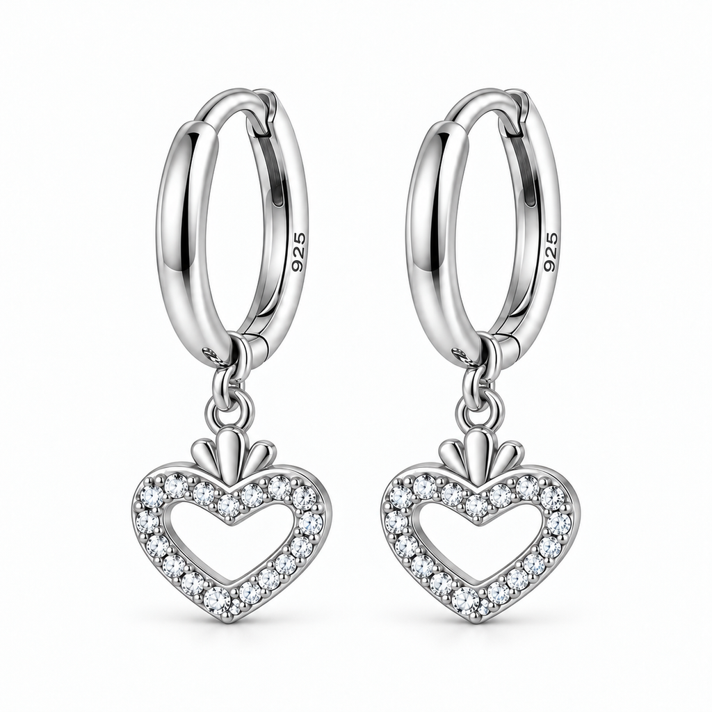 Orecchini a Cerchio con Ciondolo Cuore strass in Argento 925