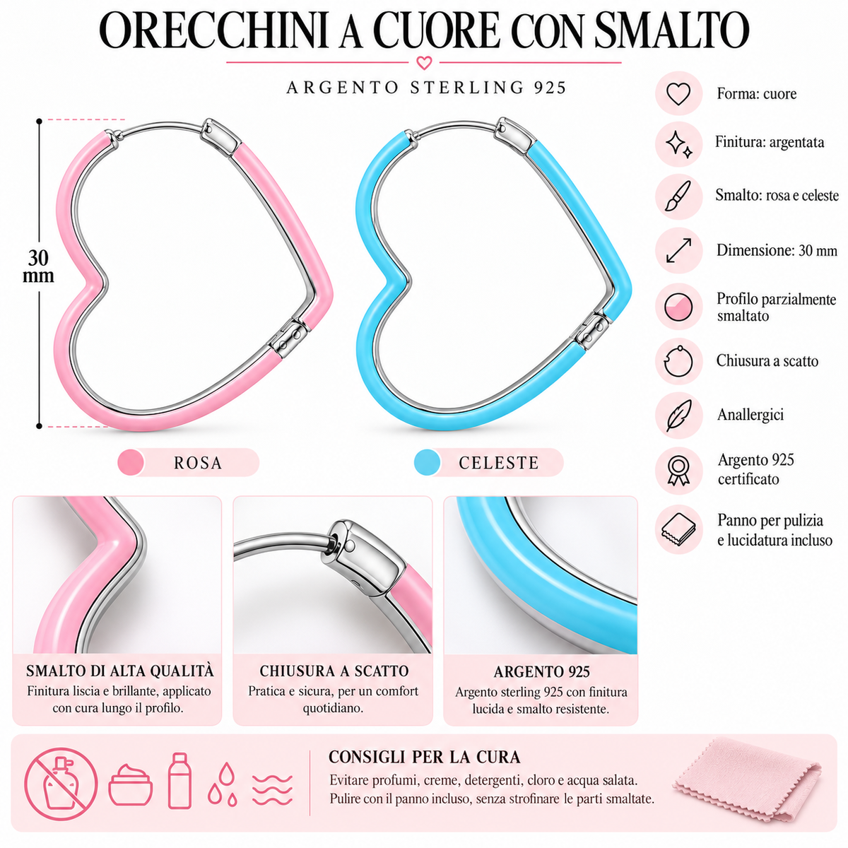 Orecchini a Cuore smaltato in Argento 925