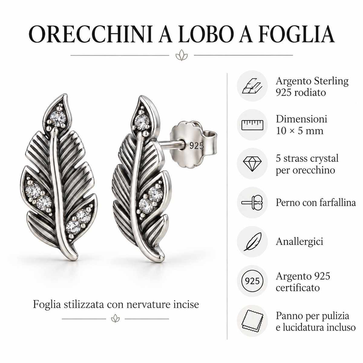 Orecchini a Lobo Foglia in Argento 925 Rodiato