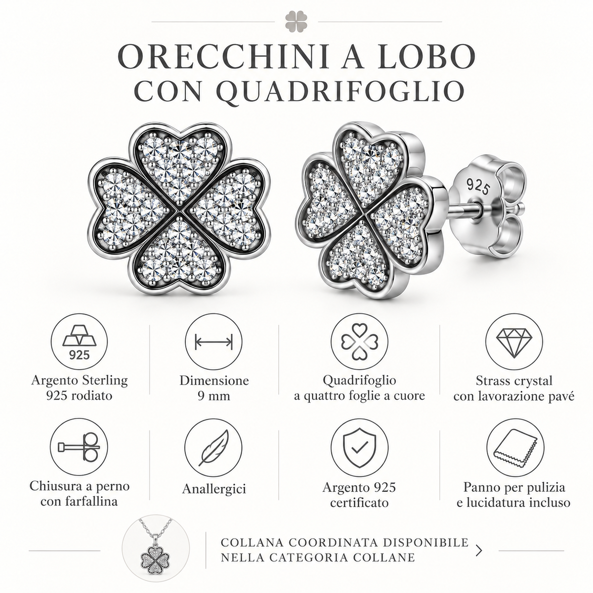 Orecchini a Lobo con Quadrifoglio in Argento 925 Rodiato