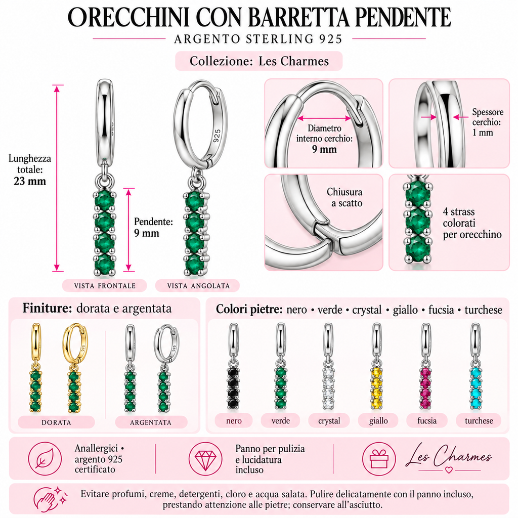 Orecchini a Cerchio con Strass pendenti colorati in Argento 925