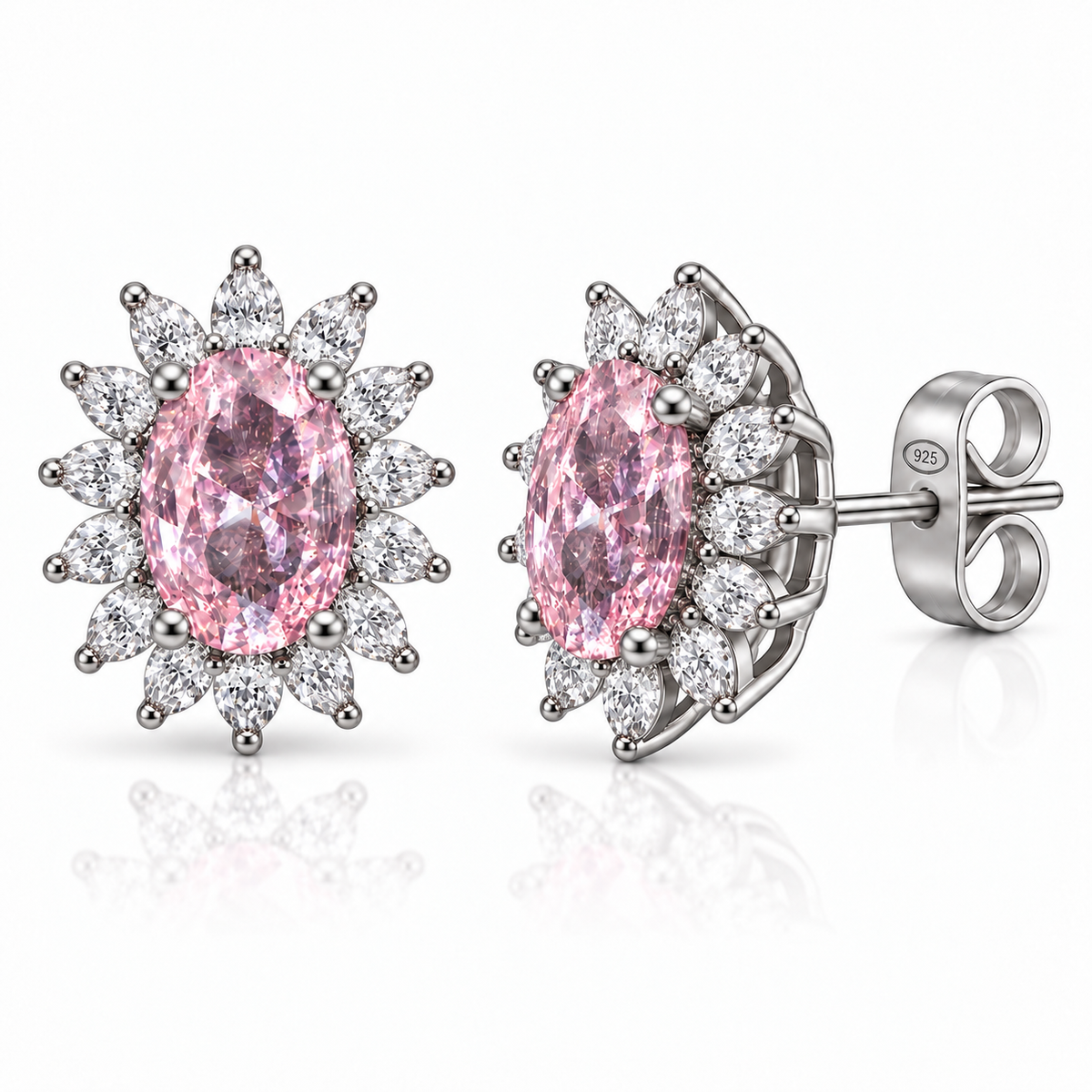 Orecchini a Lobo in Argento 925 con Pietra Ovale e Zirconi – 10 × 12 mm