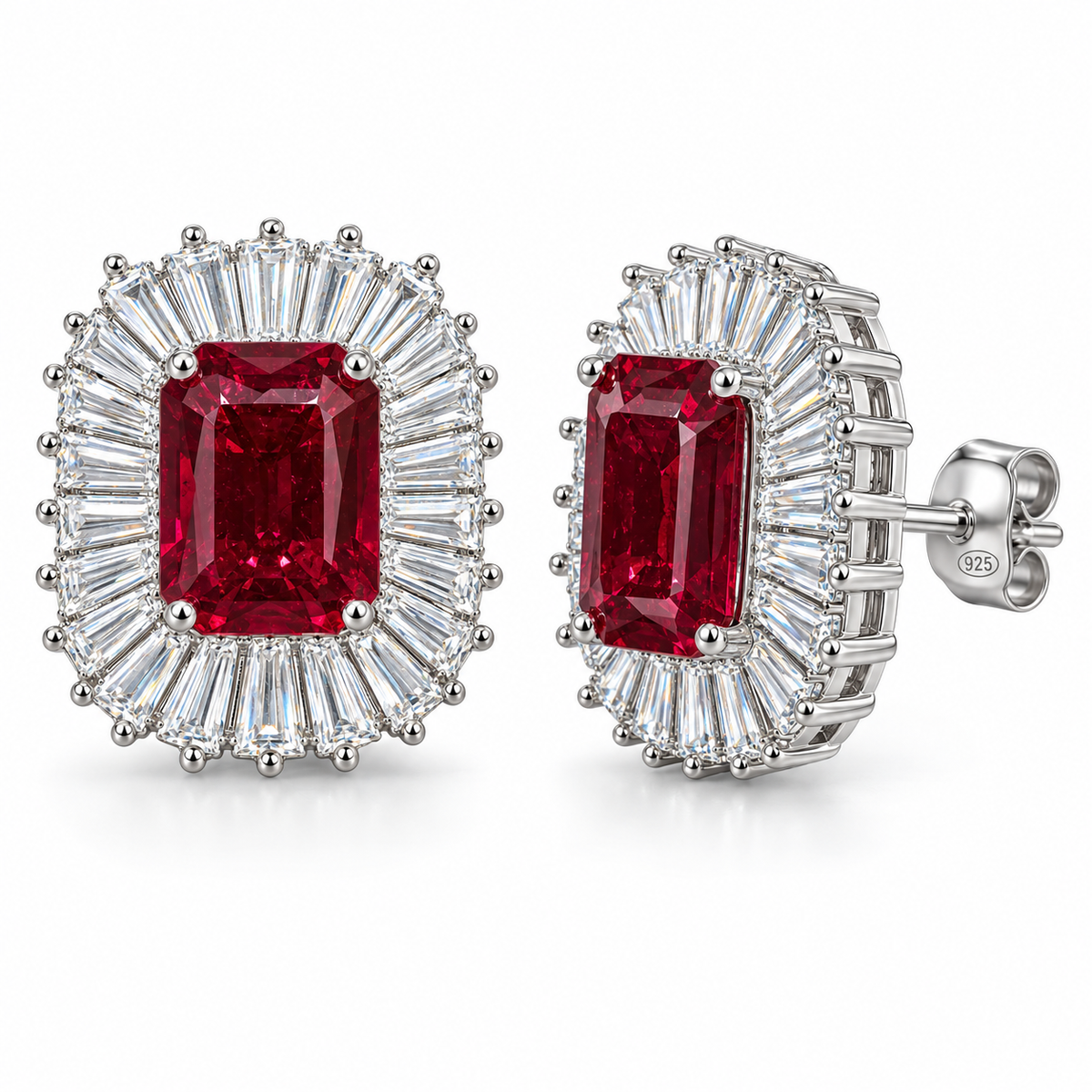 Orecchini Royale Rettangolo in Argento 925 Rodiato con Corona di Zirconi Baguette – 13 × 15 mm