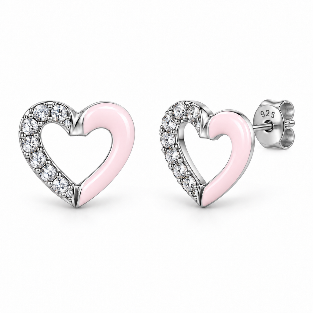 Orecchini a Lobo Cuore Aperto in Argento 925 Rodiato con Smalto Rosa Chiaro