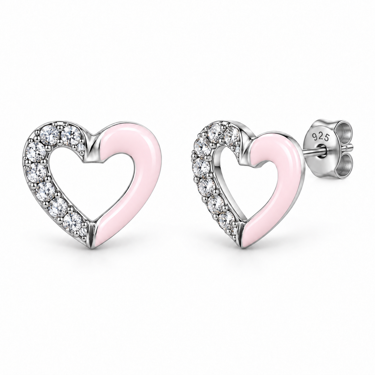 Orecchini a Lobo Cuore Aperto in Argento 925 Rodiato con Smalto Rosa Chiaro