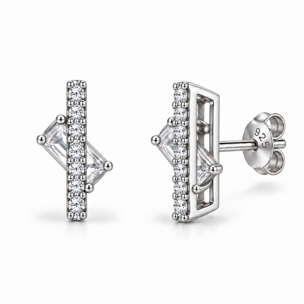 Orecchini a Lobo Incrociati in Argento 925 Rodiato con Baguette Pavé