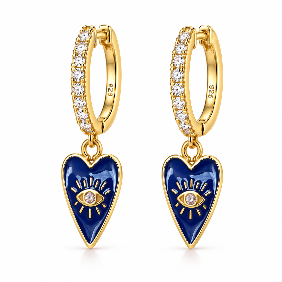 Orecchini a Cerchio con Cuore e Occhio Greco in Argento 925