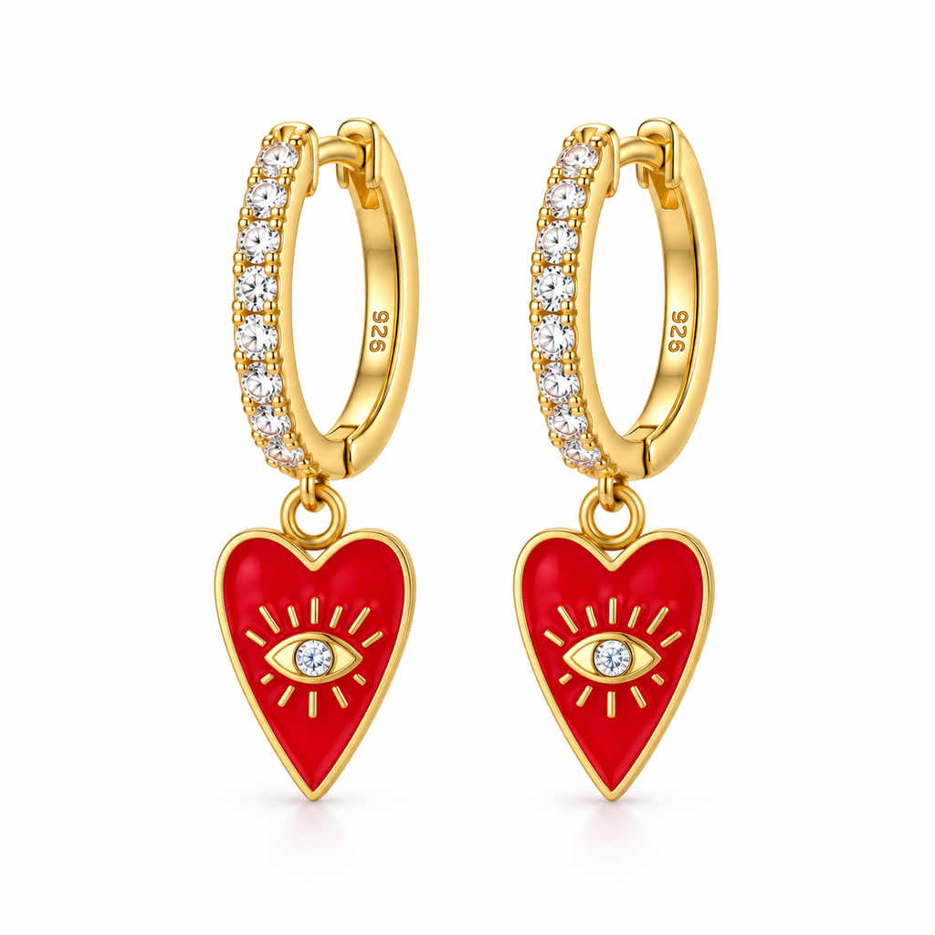 Orecchini a Cerchio con Cuore e Occhio Greco in Argento 925