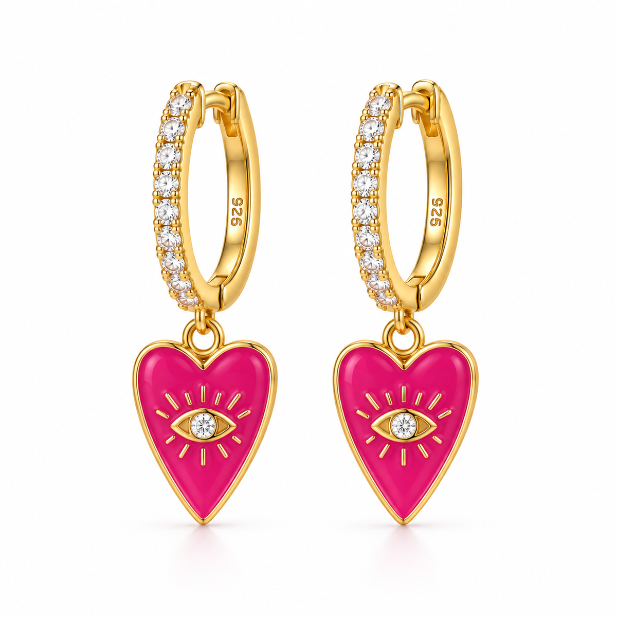Orecchini a Cerchio con Cuore e Occhio Greco in Argento 925
