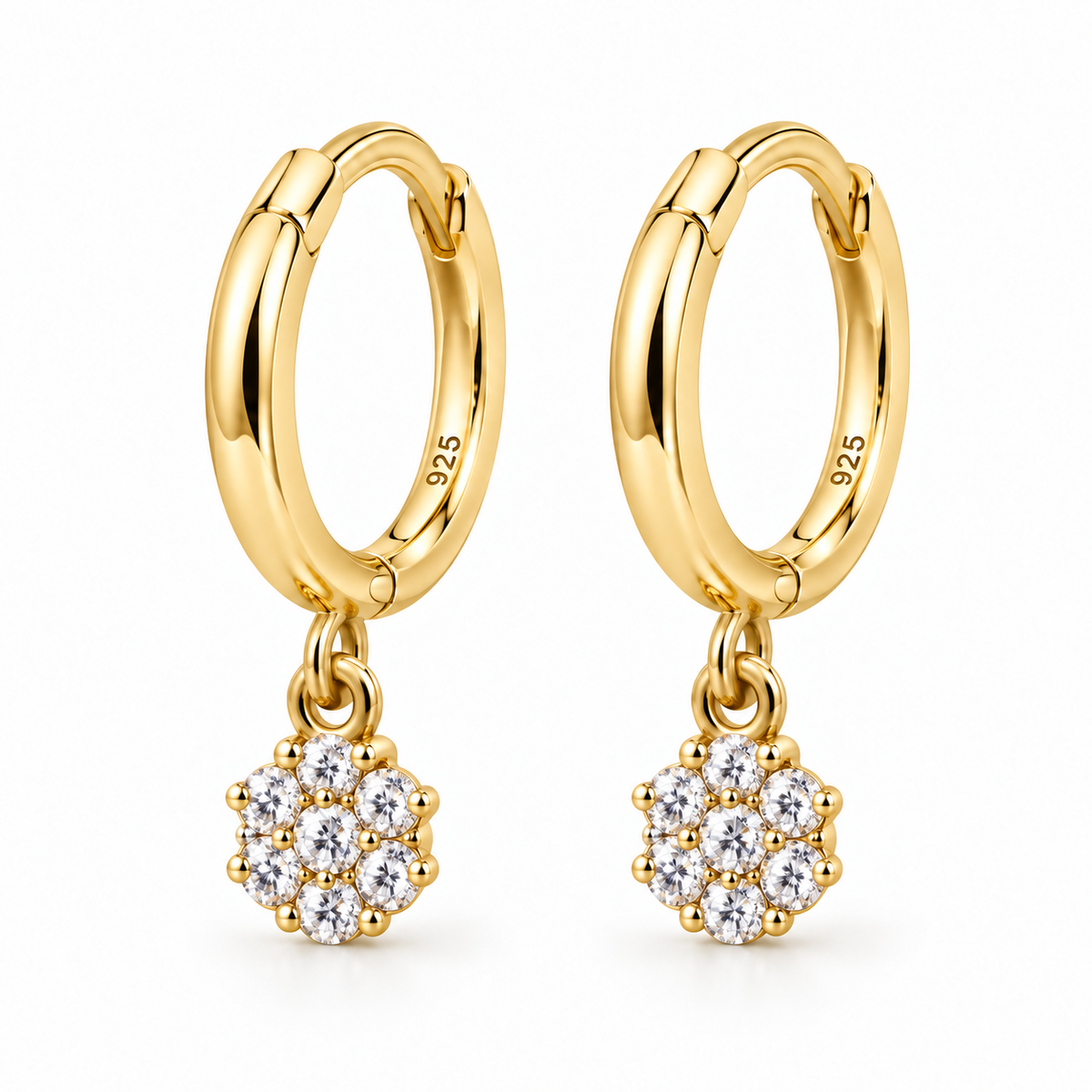 Brincos de Argola com Pendente Flor em Strass em Prata 925