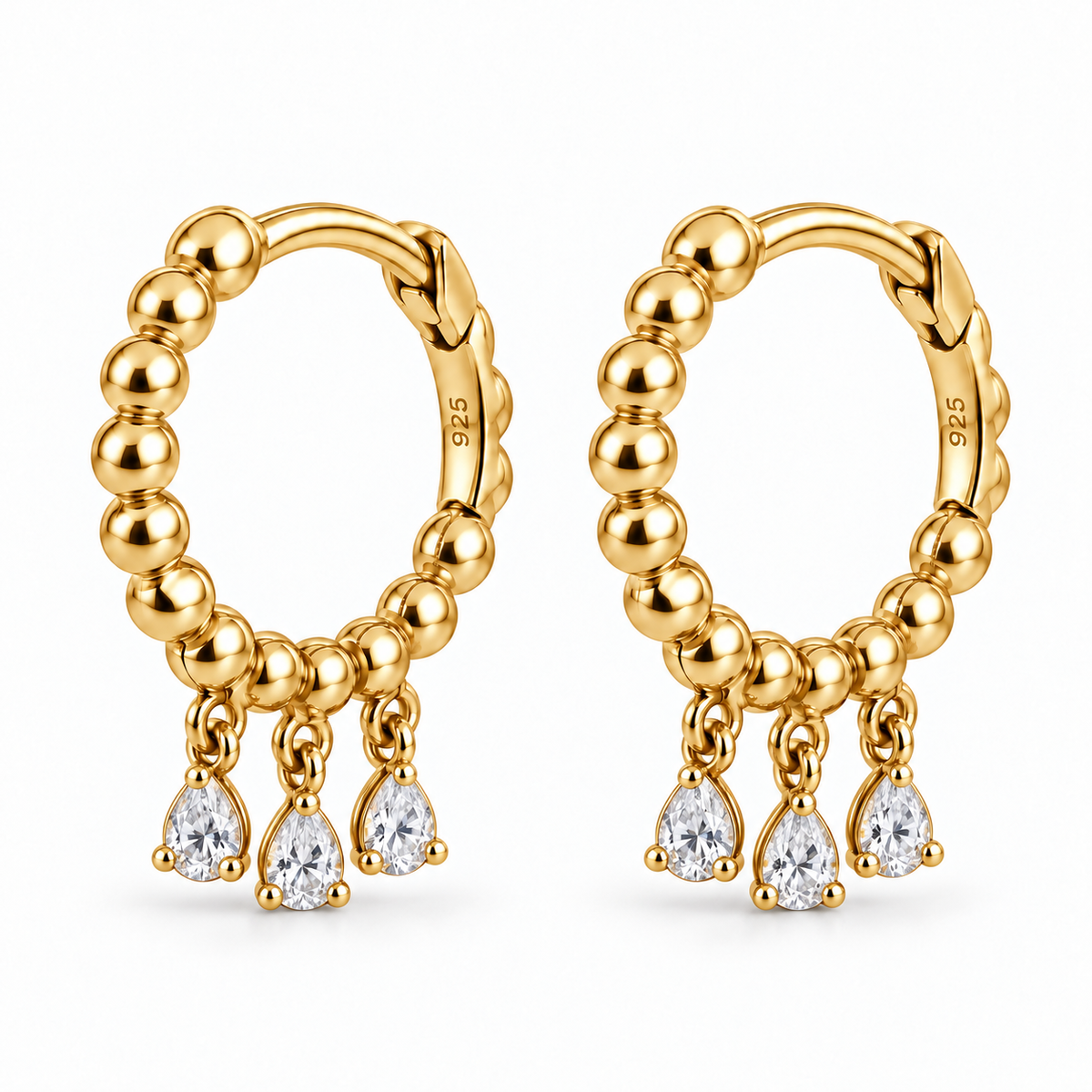 Brincos de Argola com Três Pedras em Gota em Prata 925