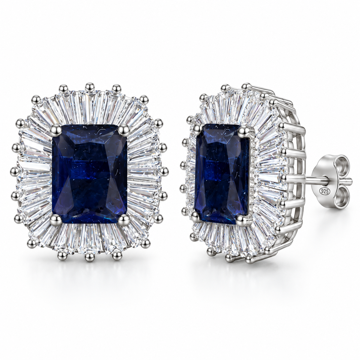 Orecchini Royale Rettangolo in Argento 925 Rodiato con Corona di Zirconi Baguette – 13 × 15 mm