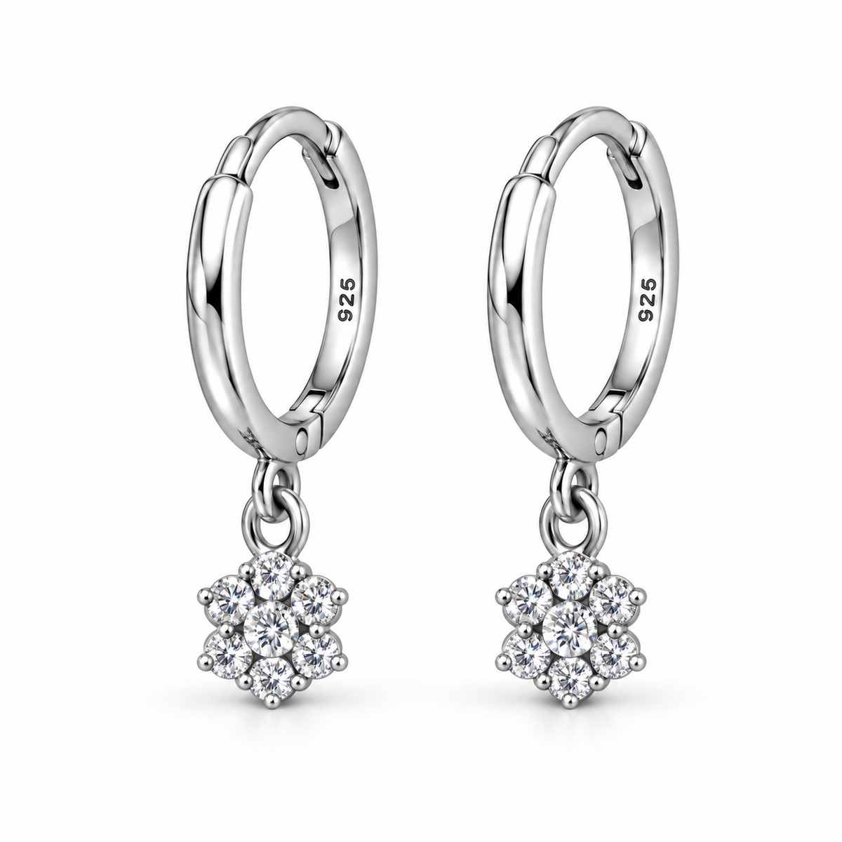 Orecchini a Cerchio con Ciondolo Fiore strass in Argento 925