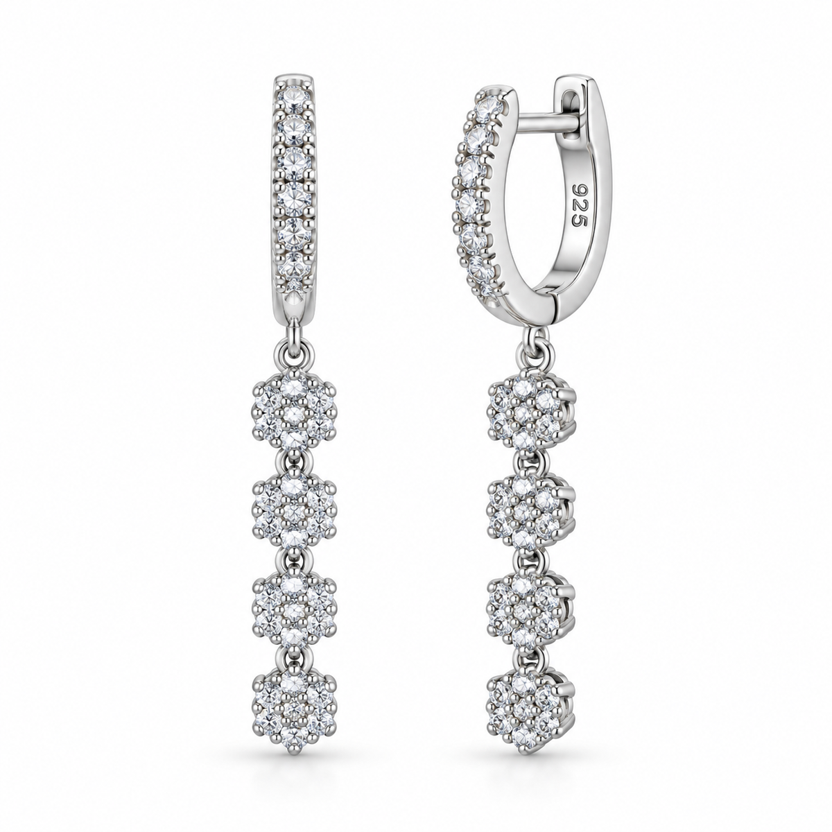 Orecchini a Cerchio con quattro Fiori pendenti in Argento 925