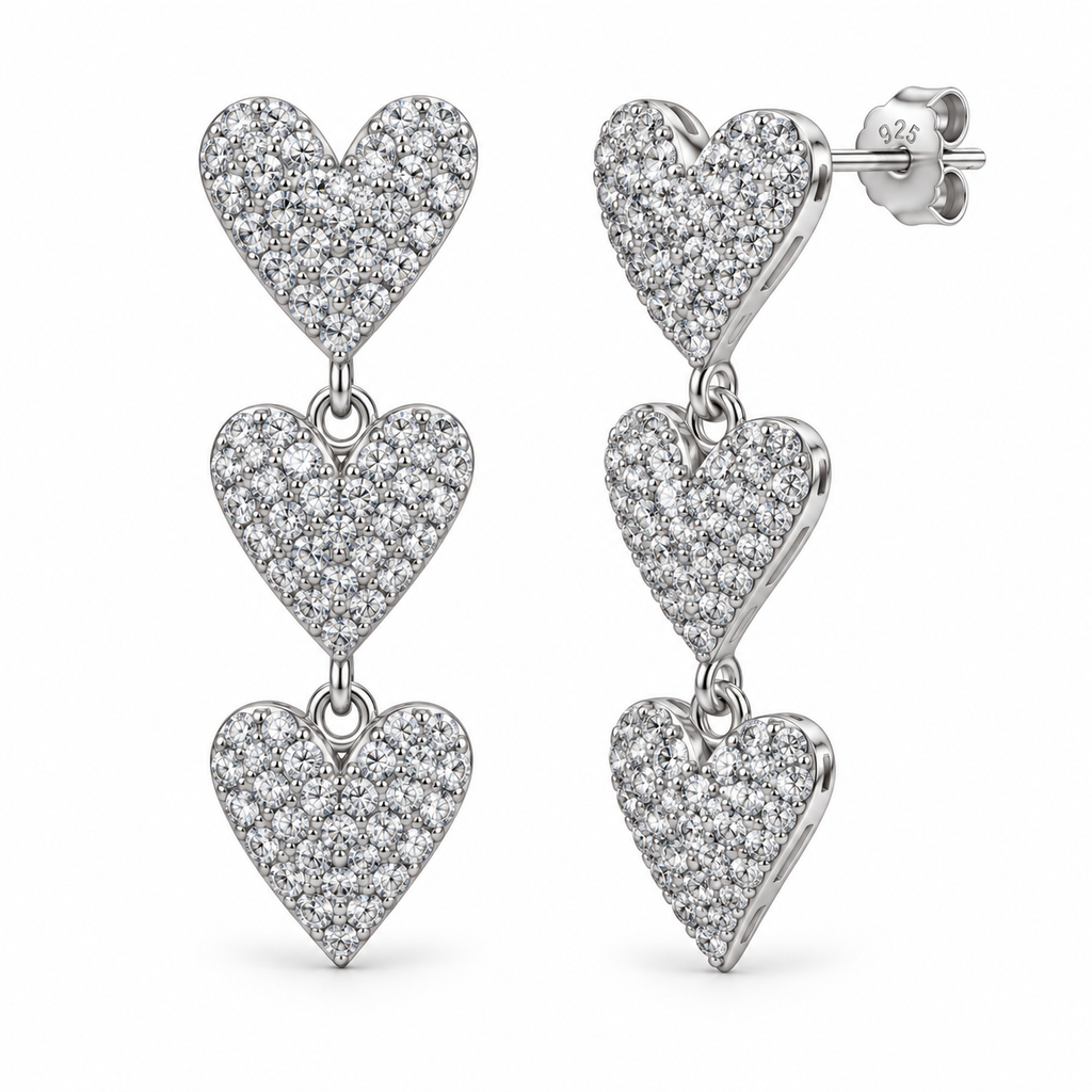 Orecchini Pendenti con Tre Cuori in Argento 925 rodiato
