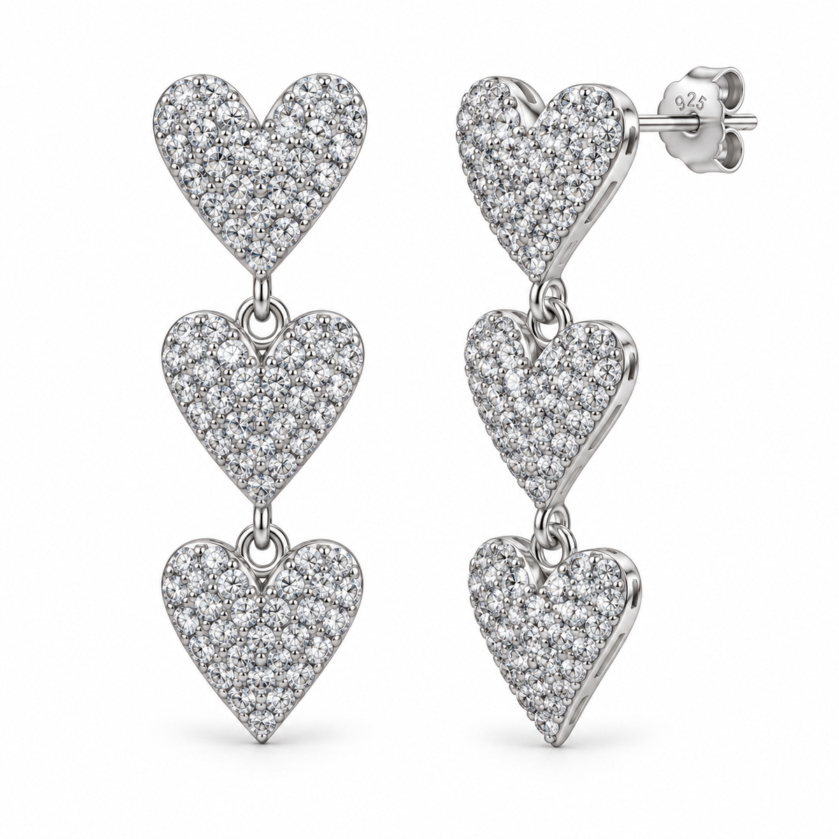 Orecchini Pendenti con Tre Cuori in Argento 925 rodiato