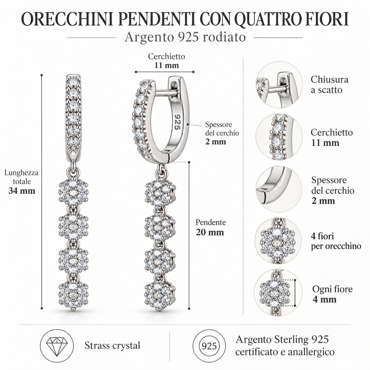 Orecchini a Cerchio con quattro Fiori pendenti in Argento 925