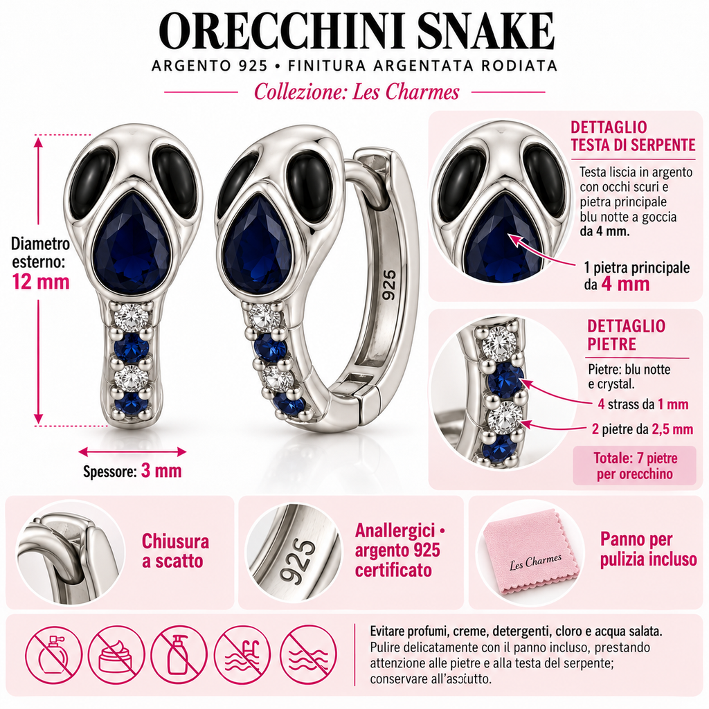 Orecchini a Cerchio Snake con pietre blu e crystal in Argento 925