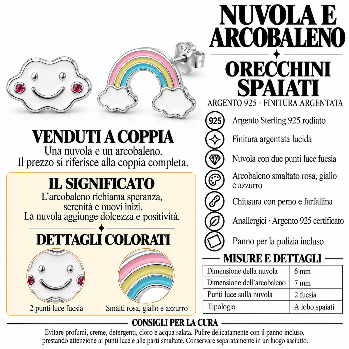 Orecchini a Lobo Nuvola Arcobaleno smaltati in Argento 925 Rodiato