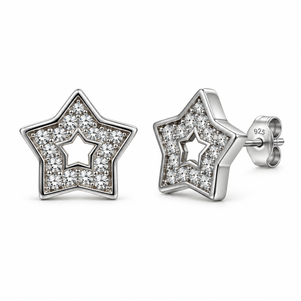 Orecchini a Lobo Doppia Stella Pavé in Argento 925 Rodiato