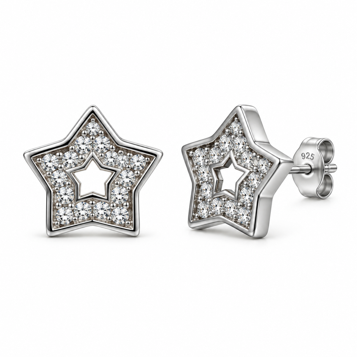 Orecchini a Lobo Doppia Stella Pavé in Argento 925 Rodiato