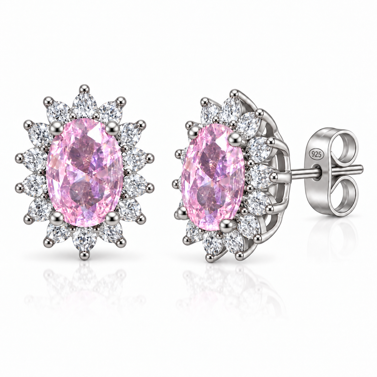 Orecchini a Lobo in Argento 925 con Pietra Ovale e Zirconi – 10 × 8 mm