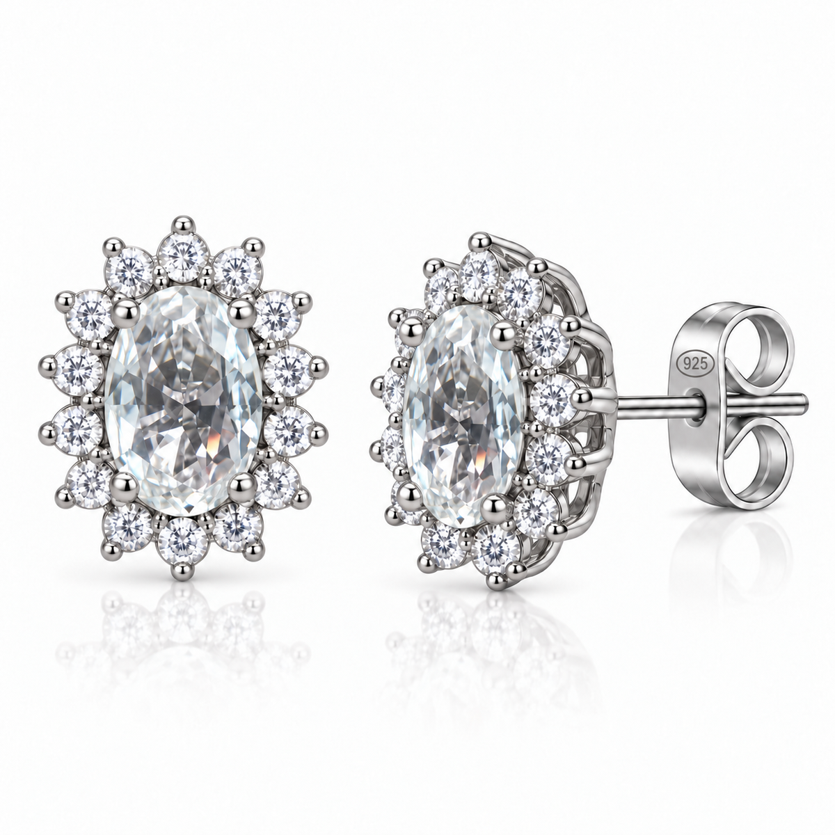 Orecchini a Lobo in Argento 925 con Pietra Ovale e Zirconi – 10 × 8 mm