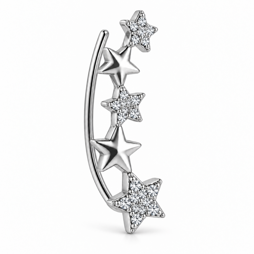Orecchino Ear Climber mono Stelle in Argento 925 Rodiato