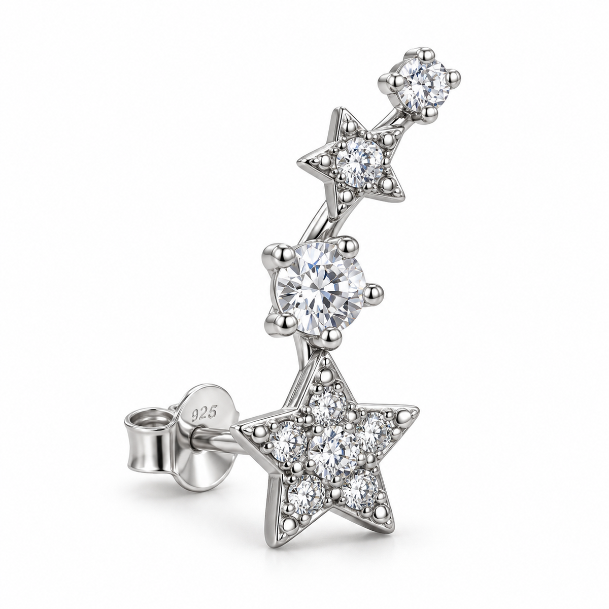 Orecchino mono Stelle e Punti Luce in Argento 925 Rodiato