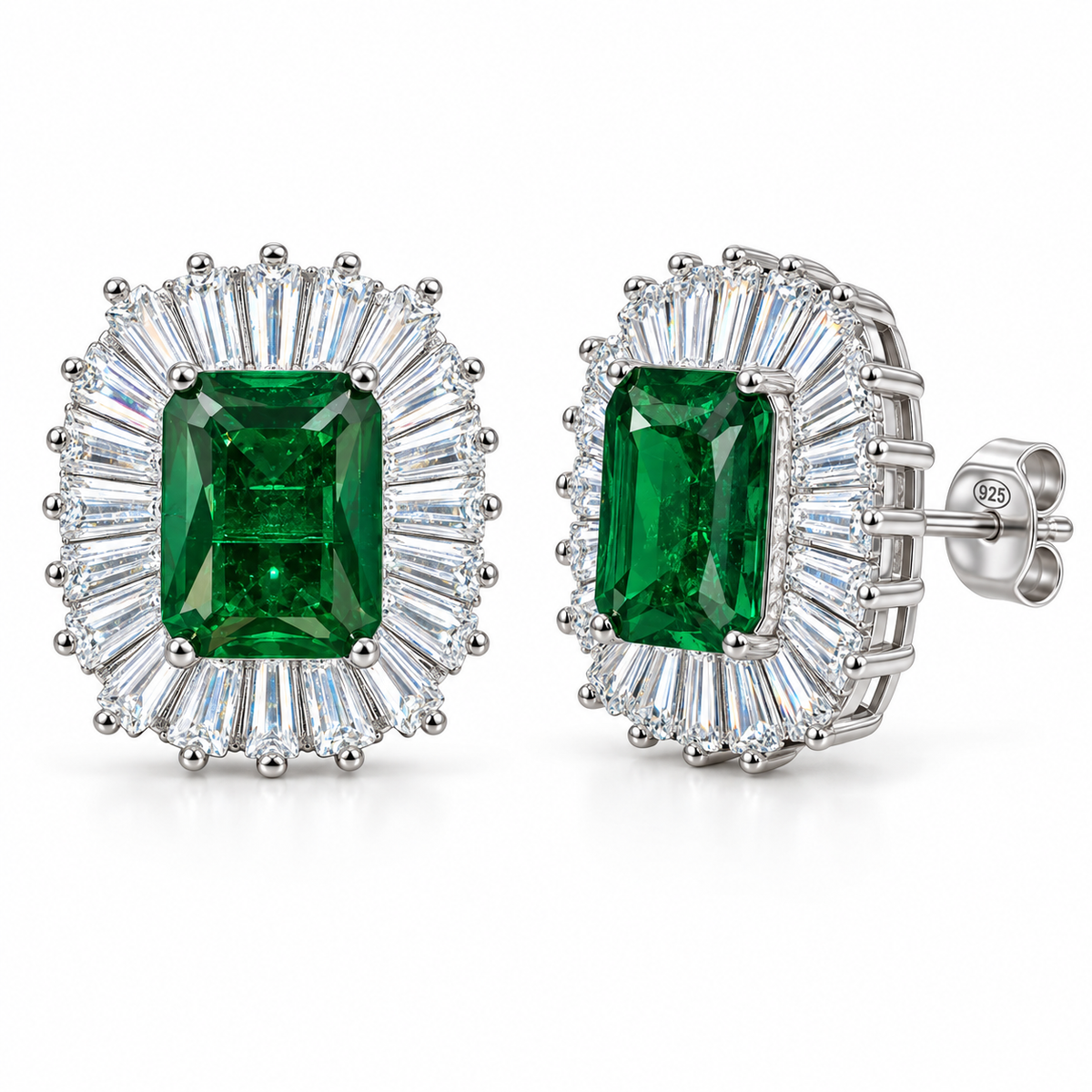 Orecchini Royale Rettangolo in Argento 925 Rodiato con Corona di Zirconi Baguette – 13 × 15 mm
