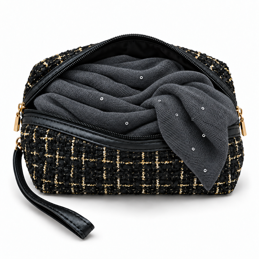 Set Regalo Donna con Sciarpa con Paillettes e Pochette in Tweed