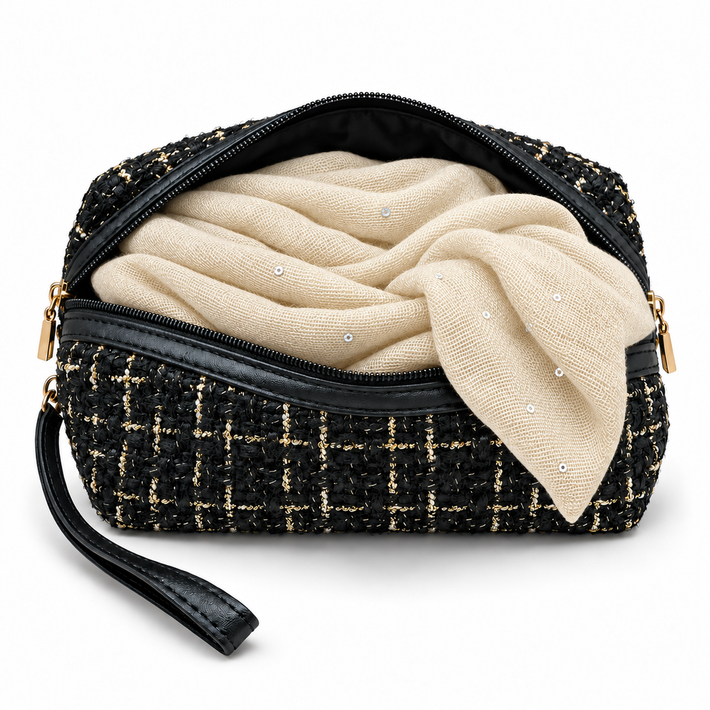 Set Regalo Donna con Sciarpa con Paillettes e Pochette in Tweed