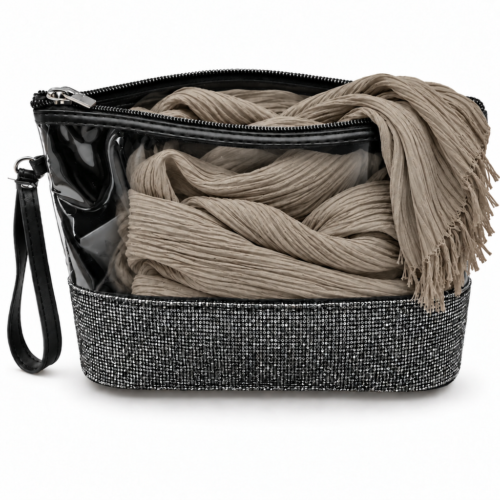 Set Regalo Donna con Sciarpa Effetto Stropicciato e Pochette Gioiello con Strass