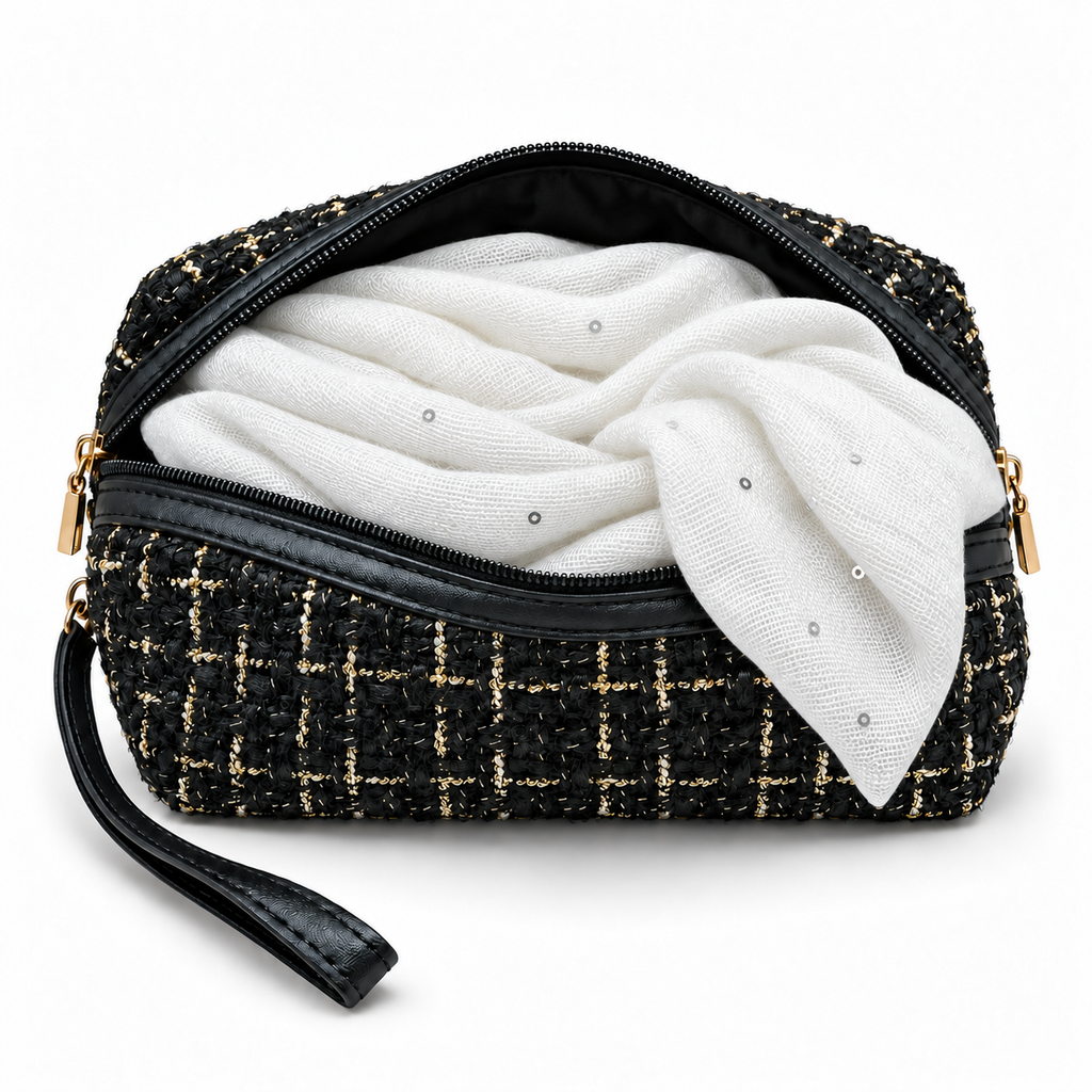 Set Regalo Donna con Sciarpa con Paillettes e Pochette in Tweed